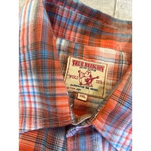 True Religion Mens 3XL Western Pearl Snap Plaid Shirt Orange Blue NoCal Sharks